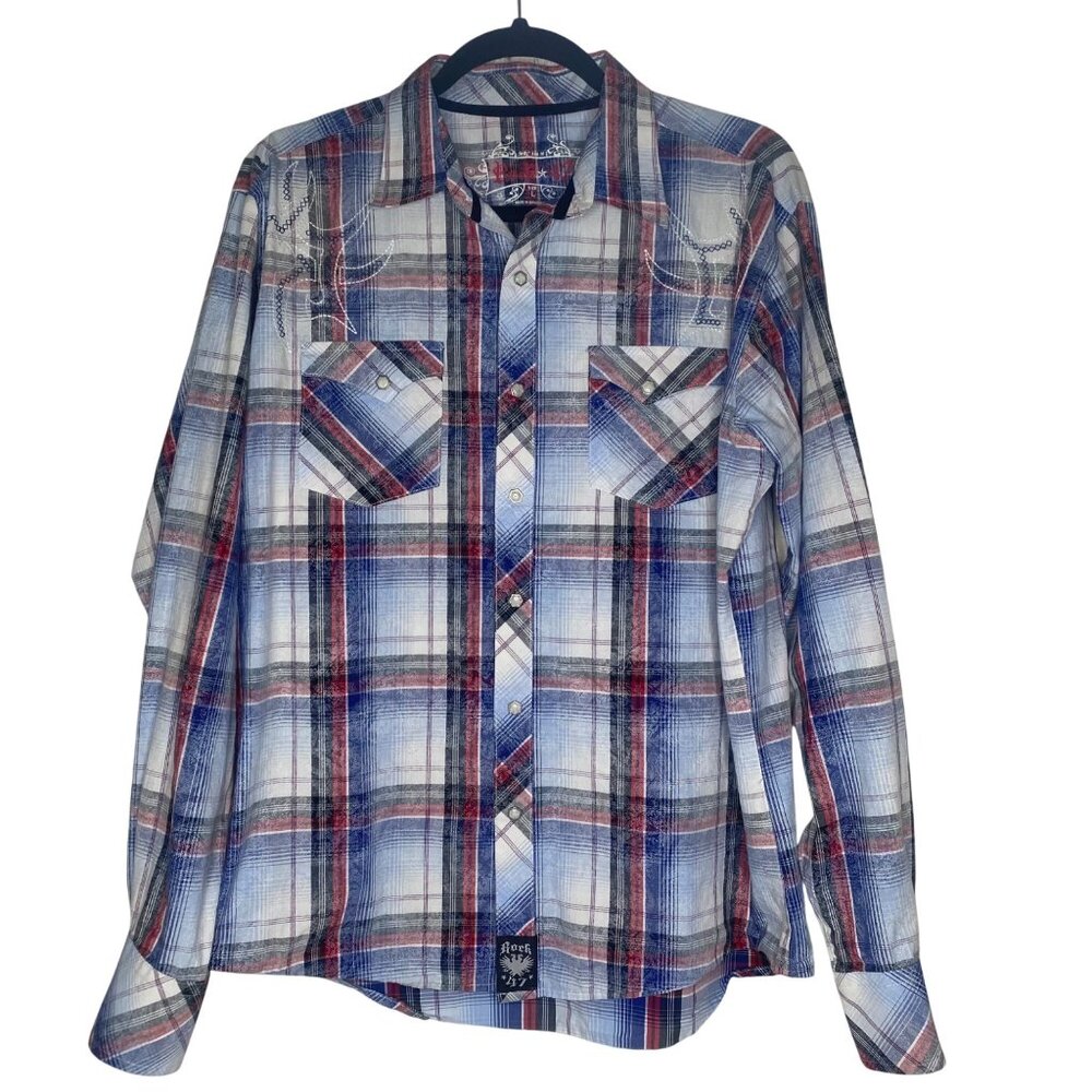 Rock 47 Western Shirt Mens L Plaid Embroidered‎ Rodeo Cowboy